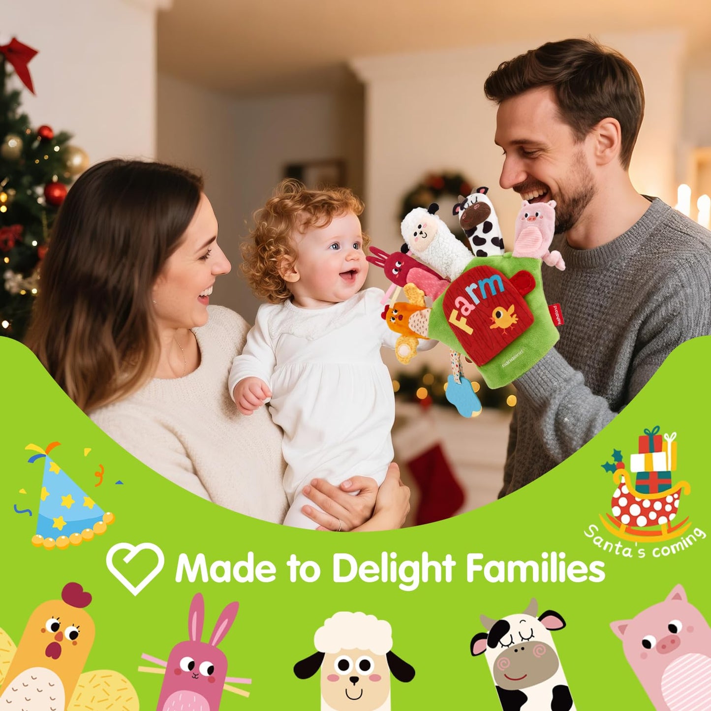hahaland Baby Sensory Toys 6-12 Months – Montessori Farm Animal Hand Puppets with Rattle, Crinkle, Teether, Mirror