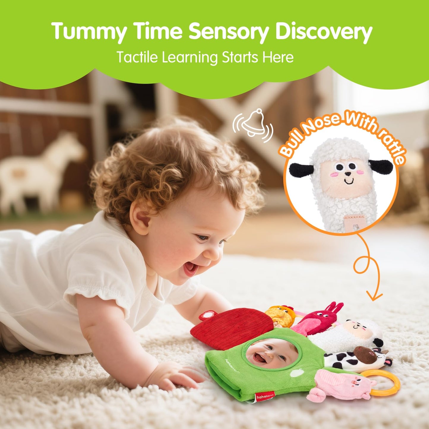 hahaland Baby Sensory Toys 6-12 Months – Montessori Farm Animal Hand Puppets with Rattle, Crinkle, Teether, Mirror