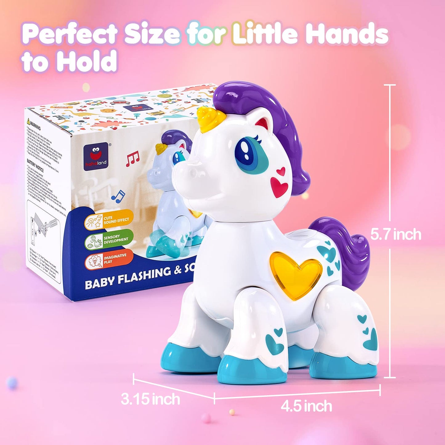 Hahaland Unicorn Musical Light-Up Toy for 1-Year-Old Girls – Safe, Moveable, Travel Buddy