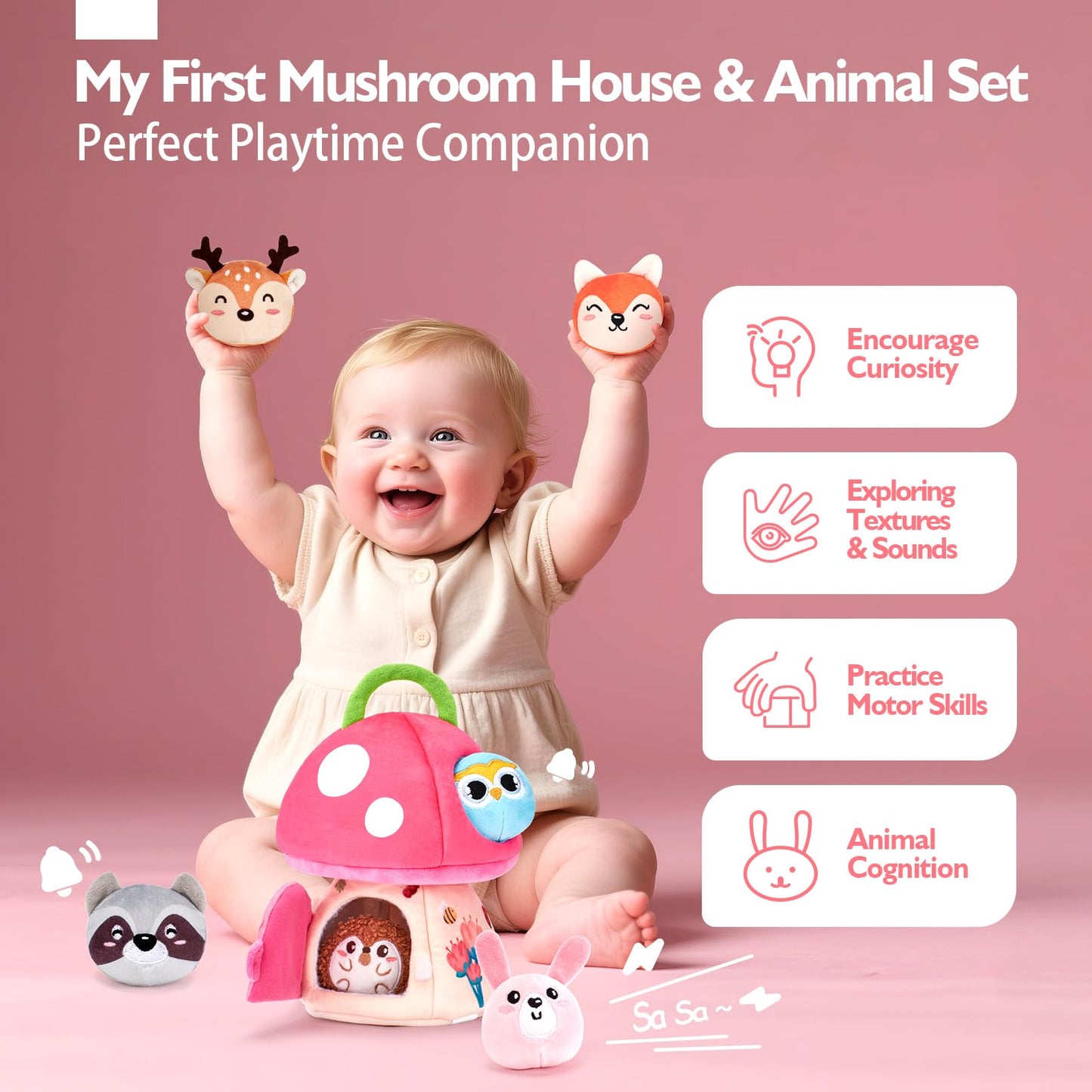 hahaland Baby Toys 6-12 Months – Montessori Mushroom House with Plush Jungle Animals