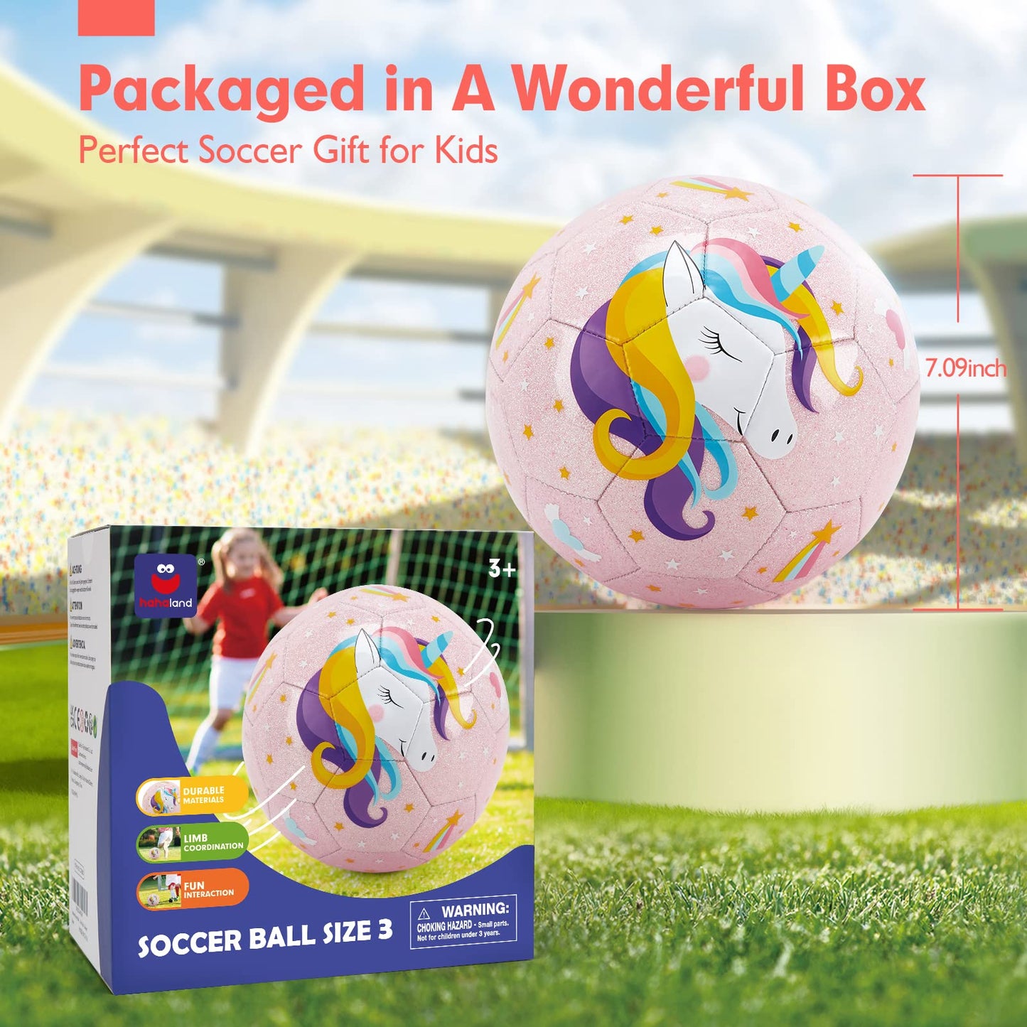 Hahaland Size 3 Glitter Unicorns Soccer Ball for Kids – Pump & Mesh Bag Included