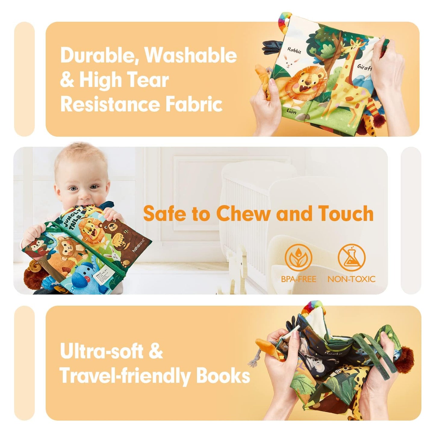 hahaland Baby Books 0-6 Months | Sensory Cloth Book with 3D Tails