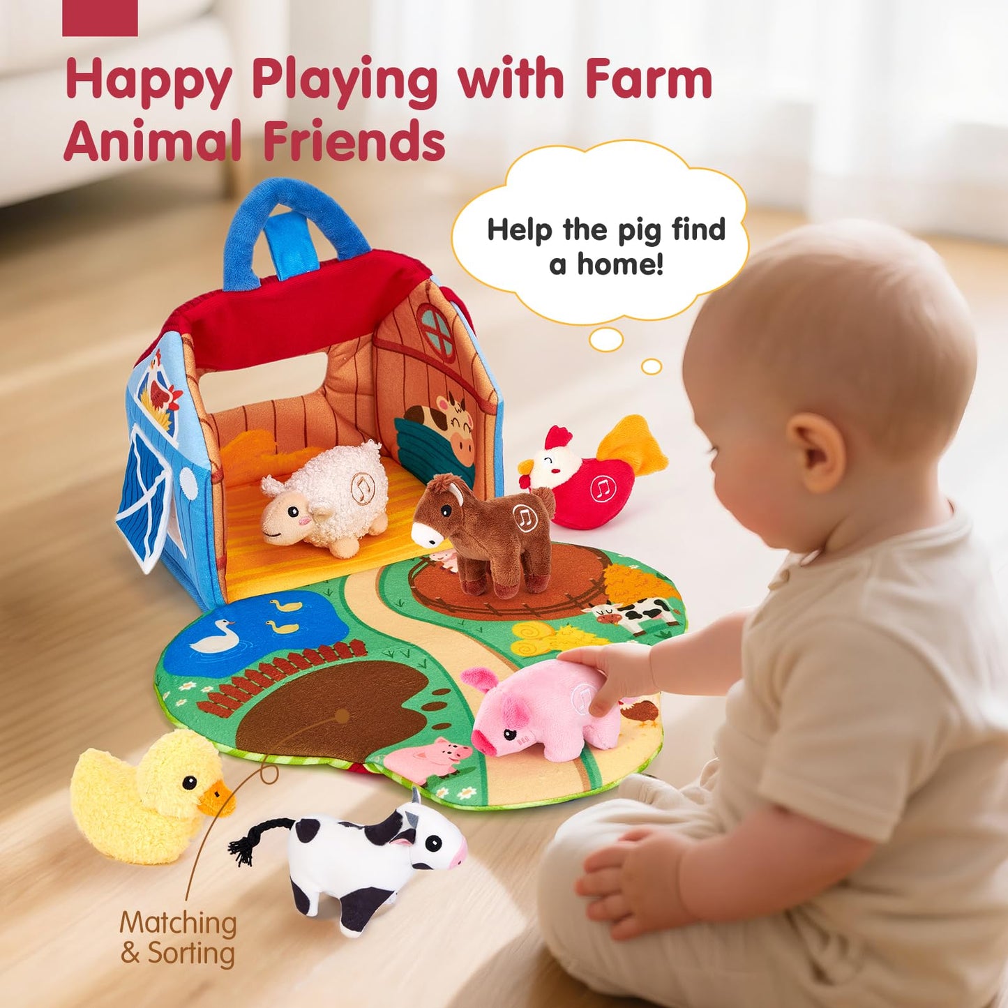 Hahaland Surprise Barn: Talking Farm Toys for 6-12 Months – Montessori Plush Animals with Real Sounds
