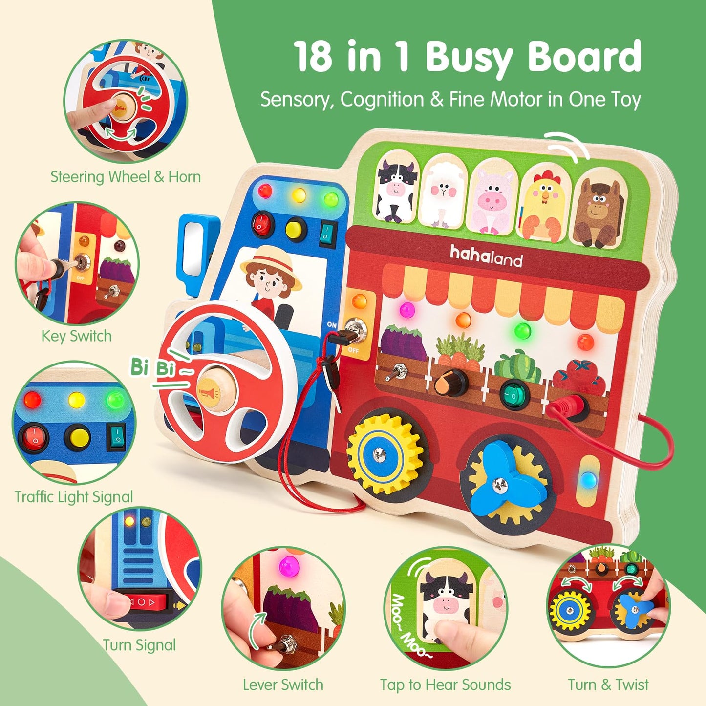 hahaland Montessori Busy Board – 18-in-1 Wooden Sensory Toy for Toddlers 3-5