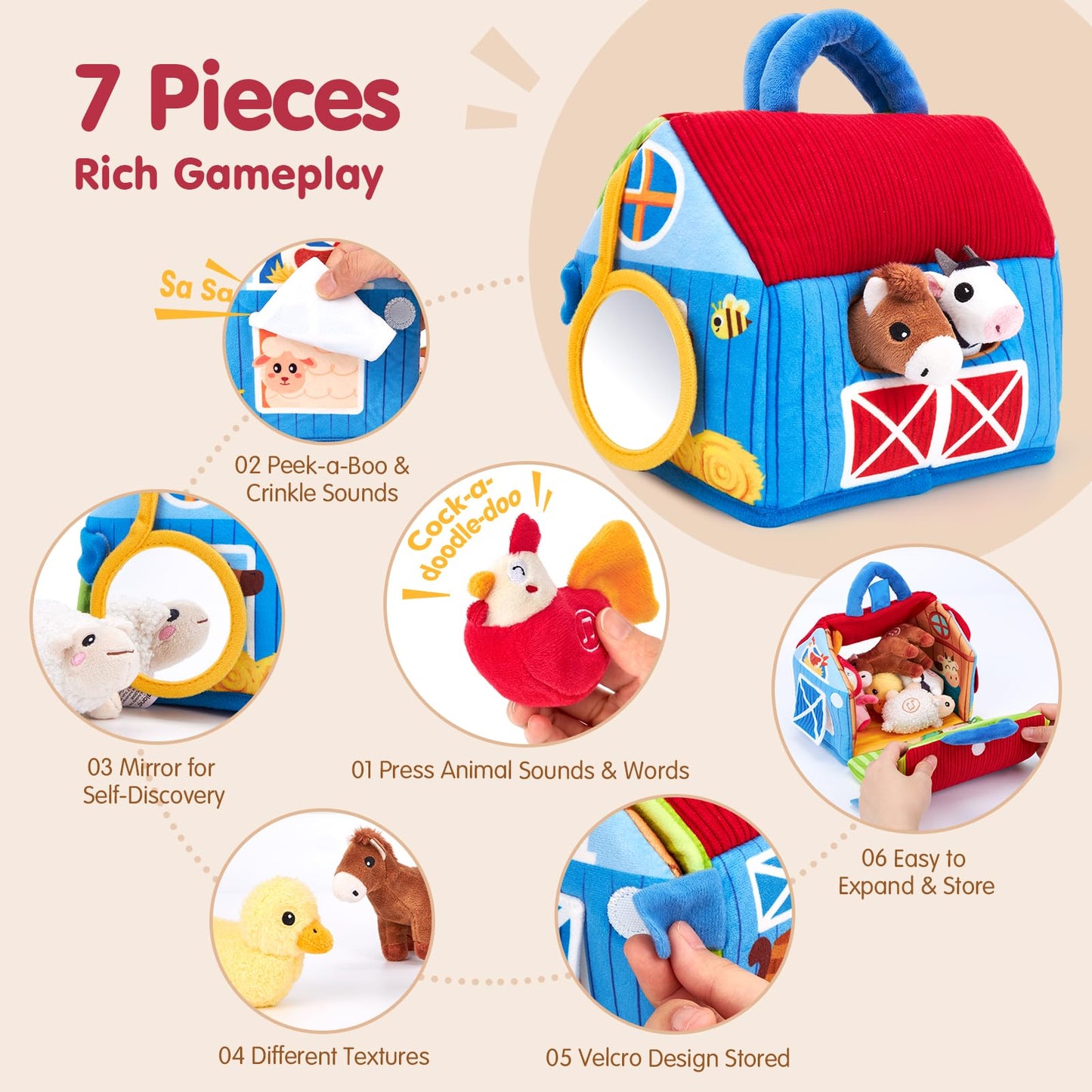 Hahaland Surprise Barn: Talking Farm Toys for 6-12 Months – Montessori Plush Animals with Real Sounds