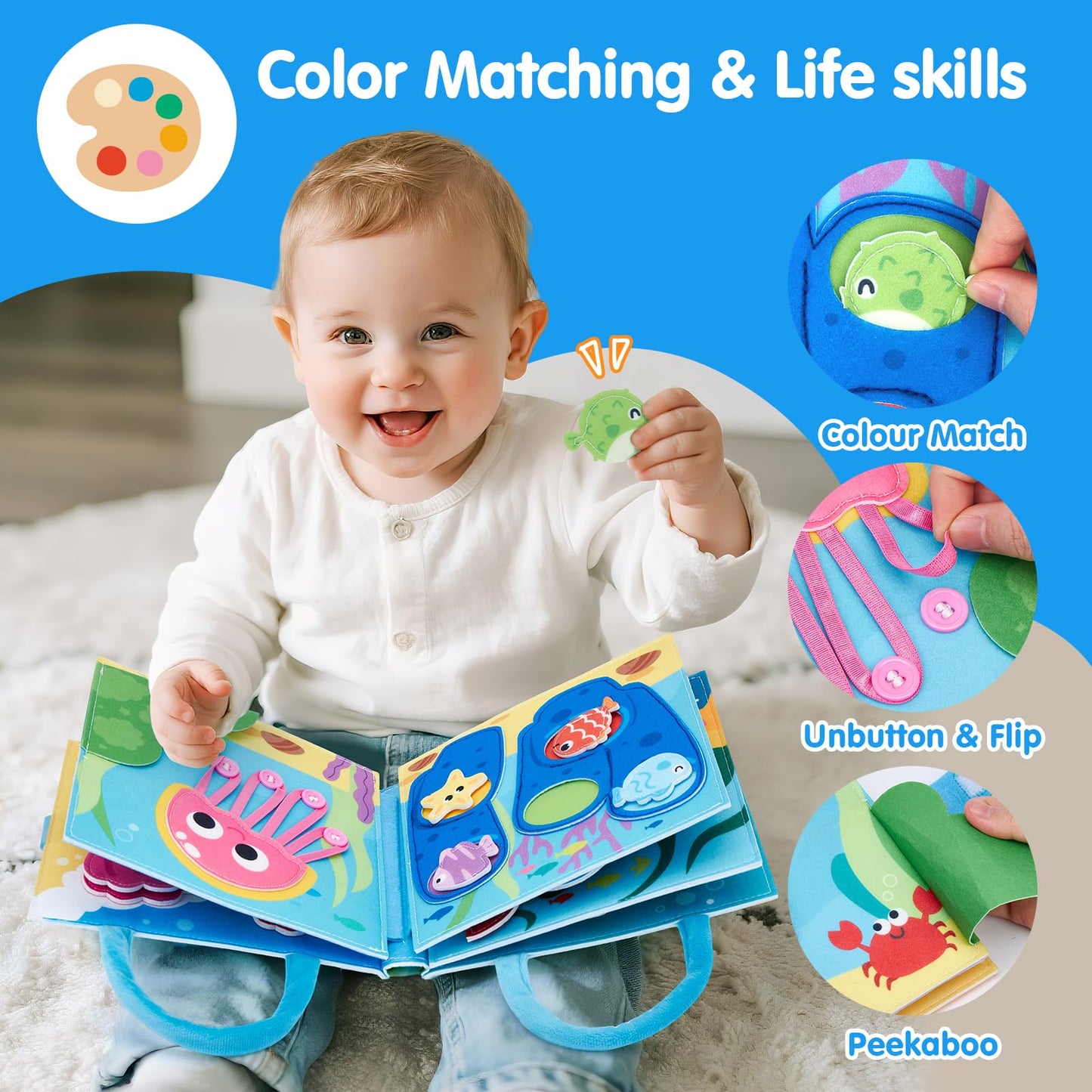 Hahaland Ocean Busy Book for Toddlers 1-3 | Montessori Sensory Busy Board & Travel Toy