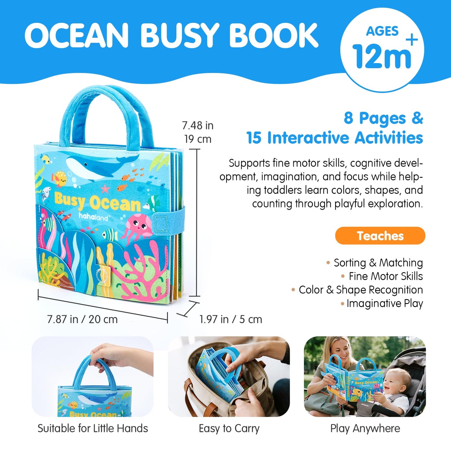 Hahaland Ocean Busy Book for Toddlers 1-3 | Montessori Sensory Busy Board & Travel Toy