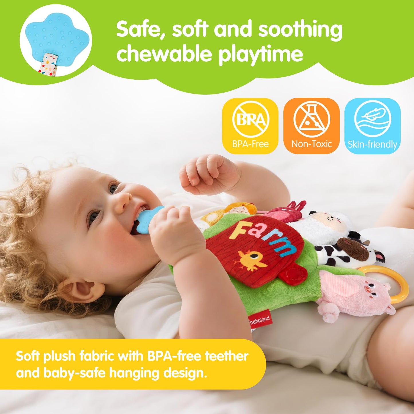 hahaland Baby Sensory Toys 6-12 Months – Montessori Farm Animal Hand Puppets with Rattle, Crinkle, Teether, Mirror