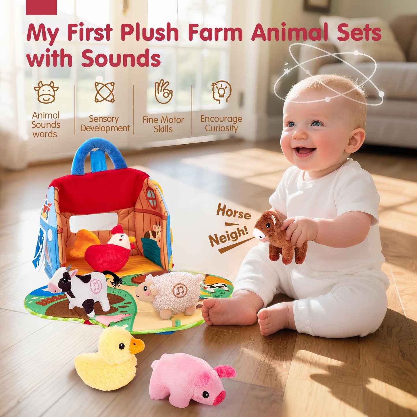 Hahaland Surprise Barn: Talking Farm Toys for 6-12 Months – Montessori Plush Animals with Real Sounds