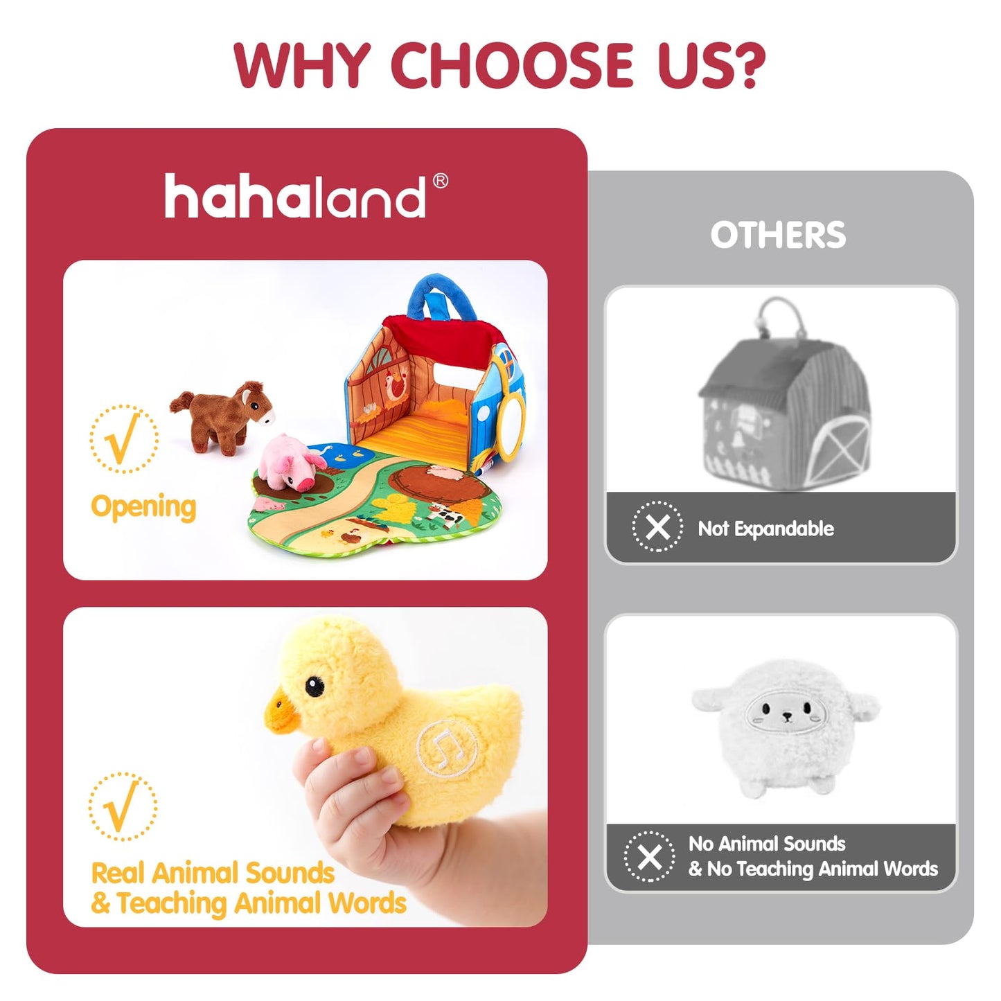 Hahaland Surprise Barn: Talking Farm Toys for 6-12 Months – Montessori Plush Animals with Real Sounds