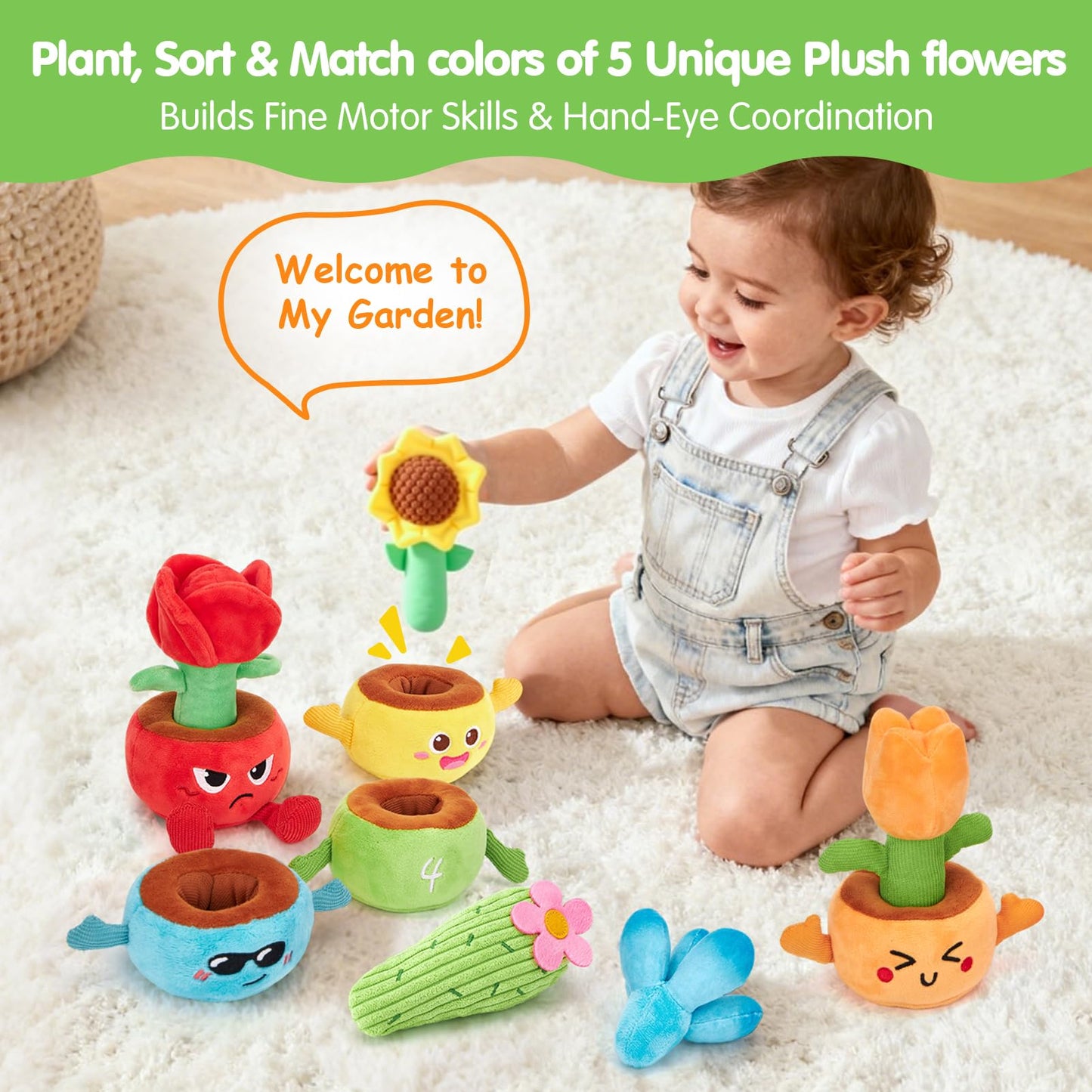 Hahaland Montessori Toys for 1-Year-Olds & Toddlers – 10-in-1 Plant Plush Garden Stacking Toys (Fine Motor & Sensory)