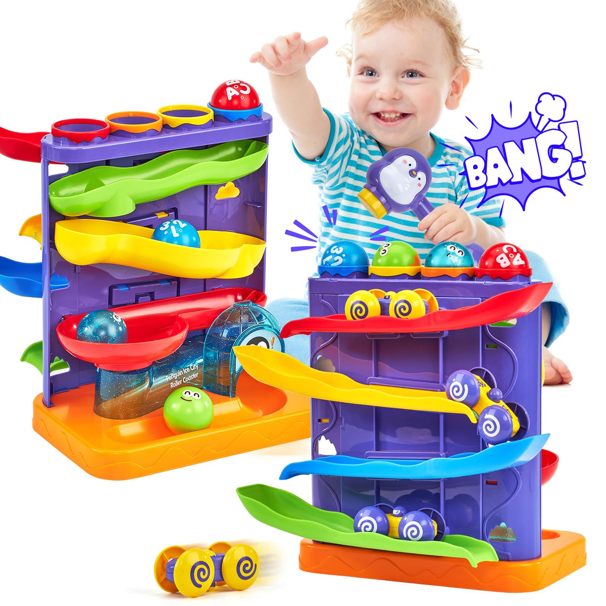 Hahaland 2-in-1 Toddler Toys: Pound Balls & Car Ramp Race Track for 1–3 Year Olds
