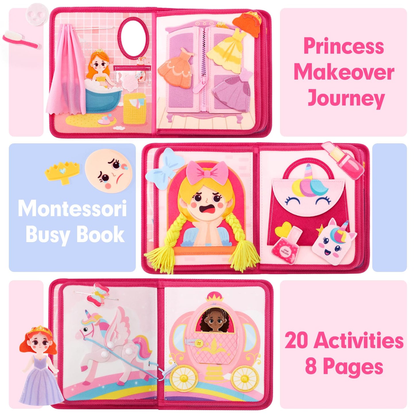 Hahaland Princess Busy Board for Toddlers 3-5 | Montessori Quiet Book & Travel Toy for Girls
