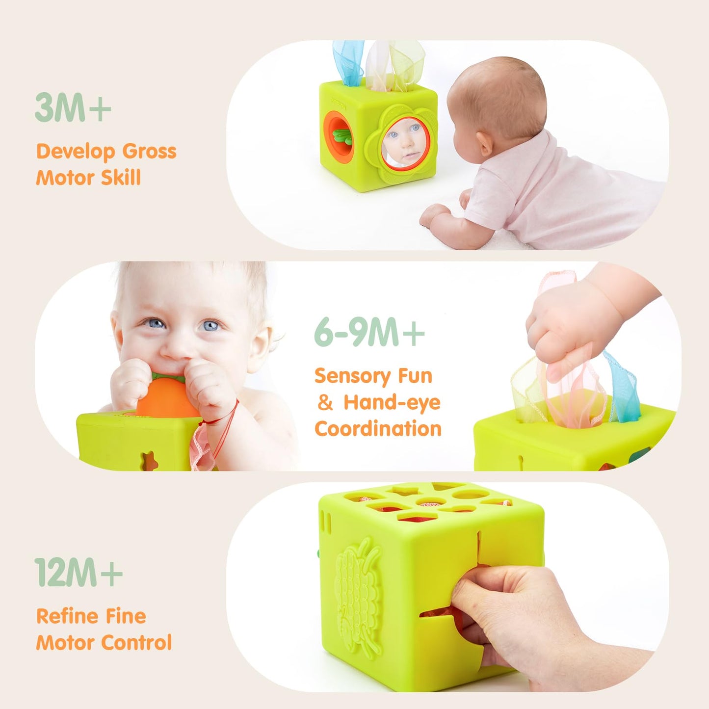 Hahaland Baby Tissue Box Toy – 6-in-1 Silicone Montessori Busy Cube (6–12 Months)