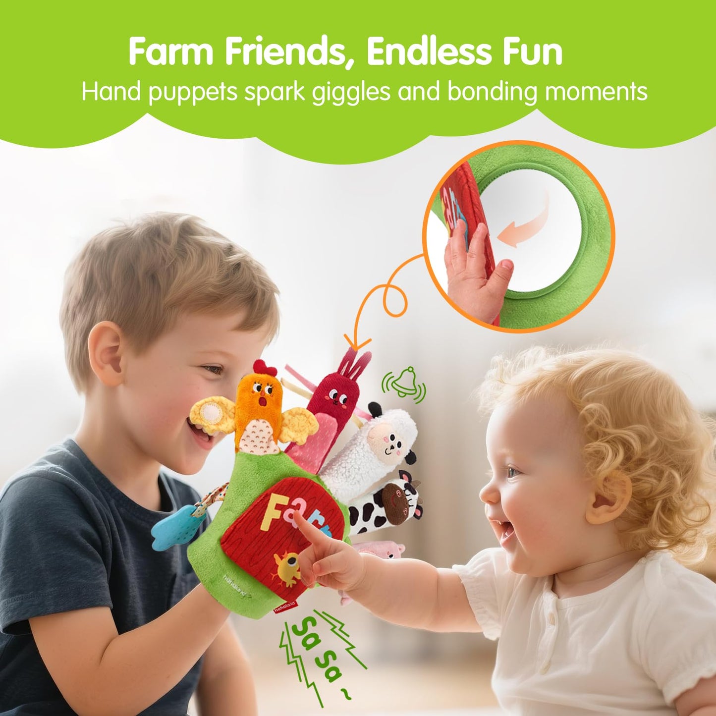 hahaland Baby Sensory Toys 6-12 Months – Montessori Farm Animal Hand Puppets with Rattle, Crinkle, Teether, Mirror