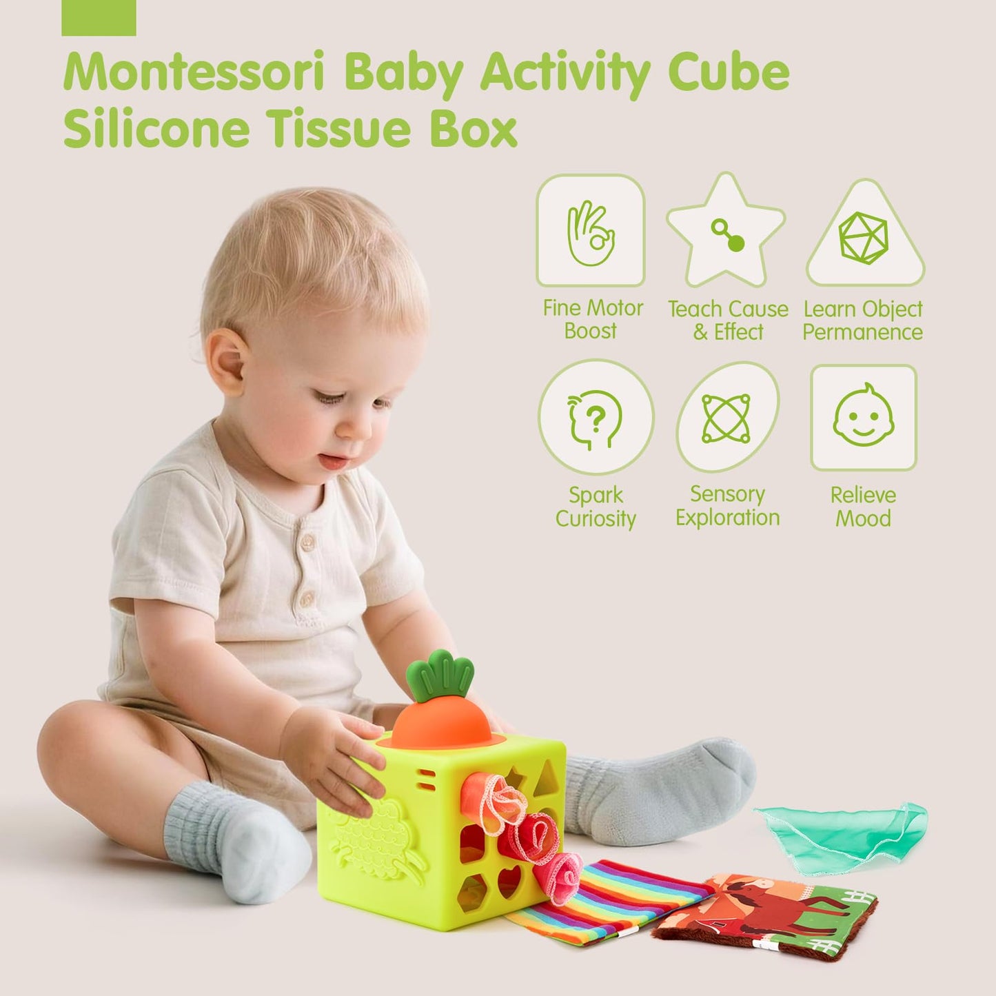 Hahaland Baby Tissue Box Toy – 6-in-1 Silicone Montessori Busy Cube (6–12 Months)