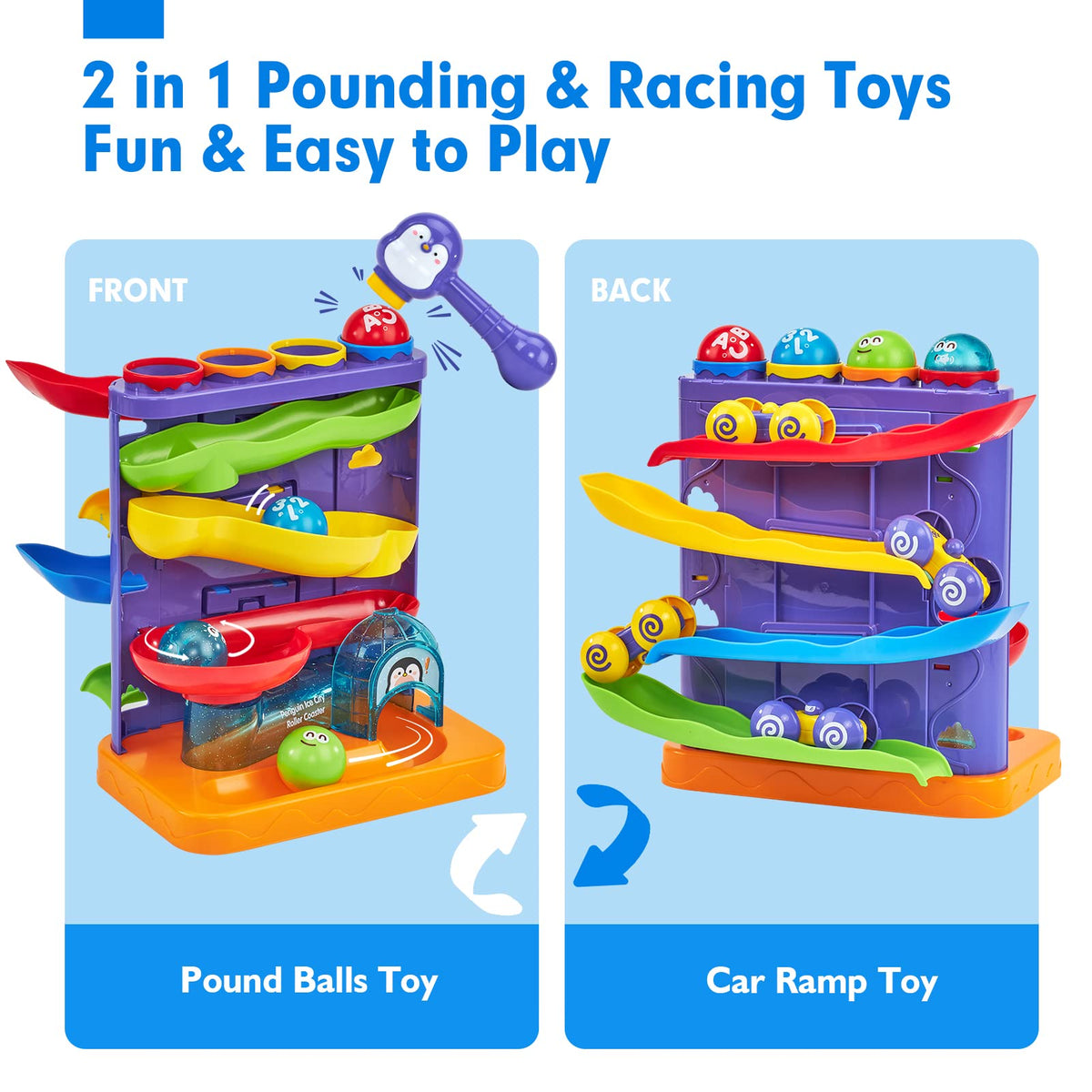 Hahaland 2-in-1 Toddler Toys: Pound Balls & Car Ramp Race Track for 1–3 Year Olds