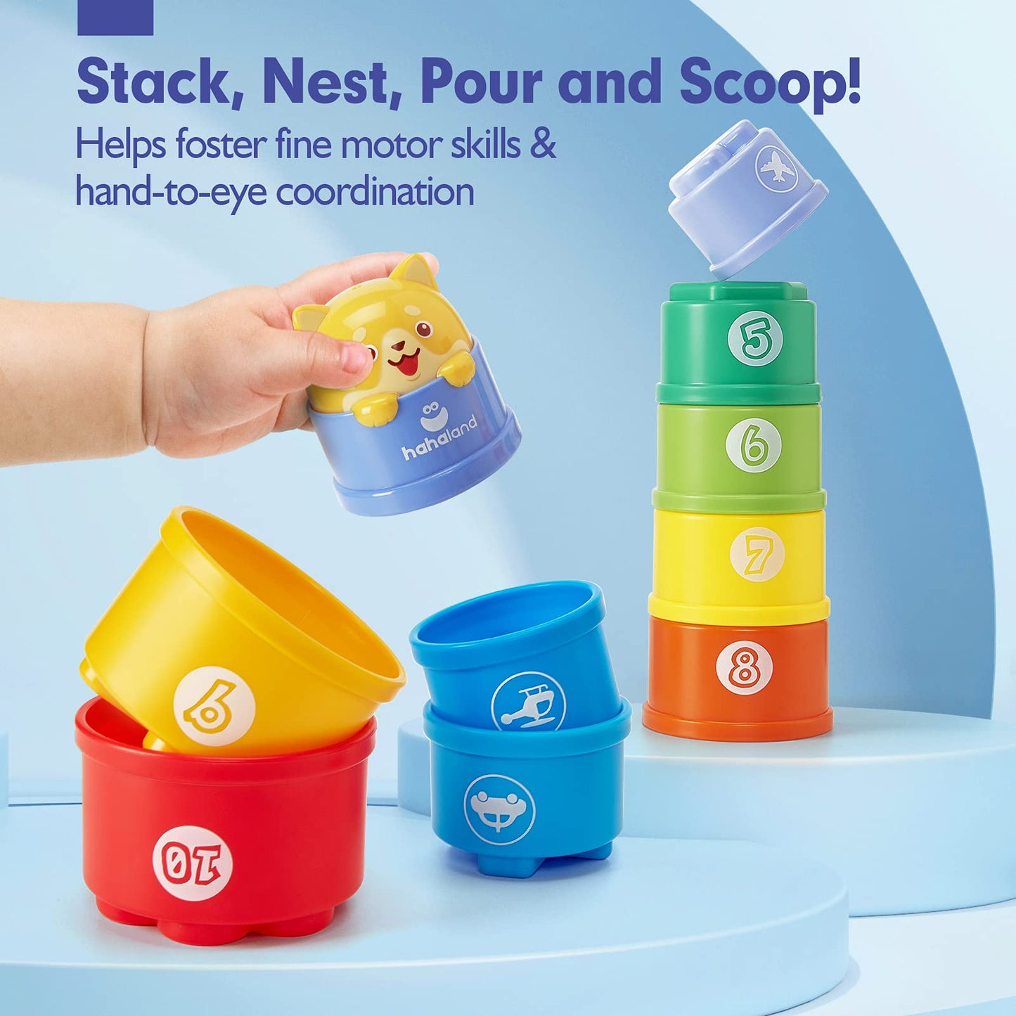 hahaland Stacking Cups for Toddlers 1-3 | 10-Piece Light & Sound Toy