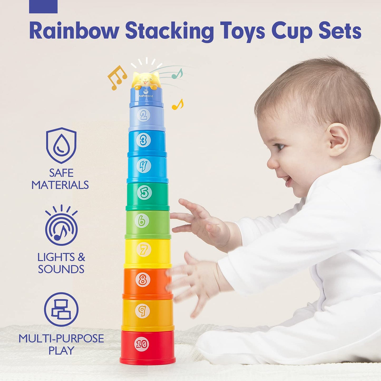 hahaland Stacking Cups for Toddlers 1-3 | 10-Piece Light & Sound Toy