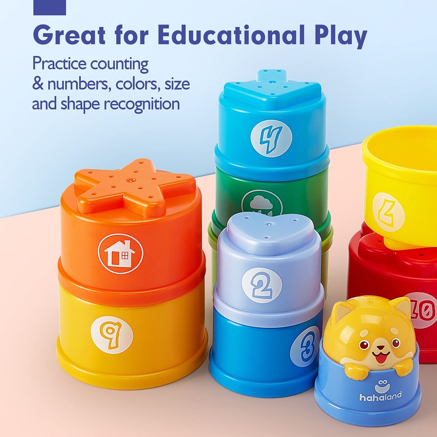 hahaland Stacking Cups for Toddlers 1-3 | 10-Piece Light & Sound Toy
