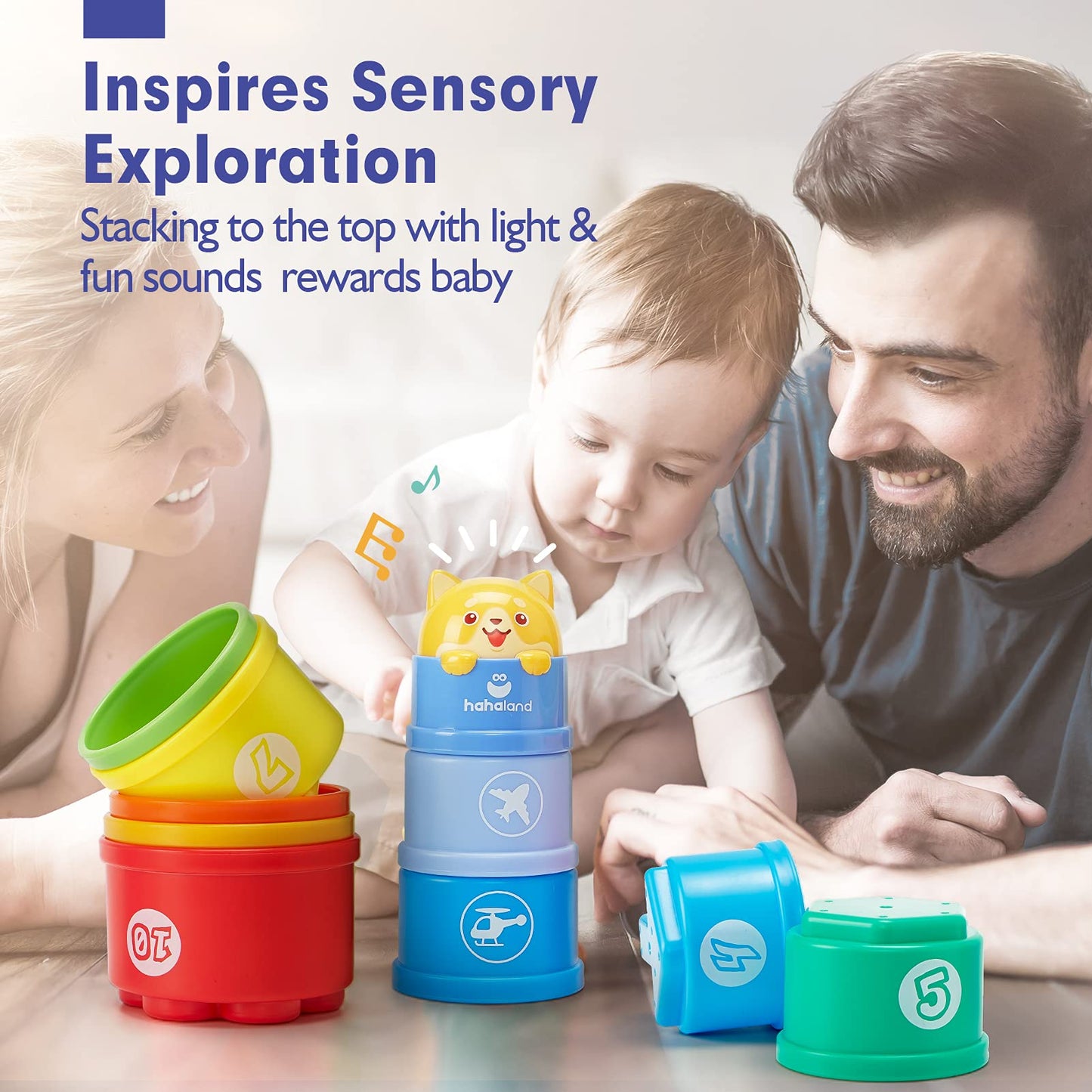 hahaland Stacking Cups for Toddlers 1-3 | 10-Piece Light & Sound Toy