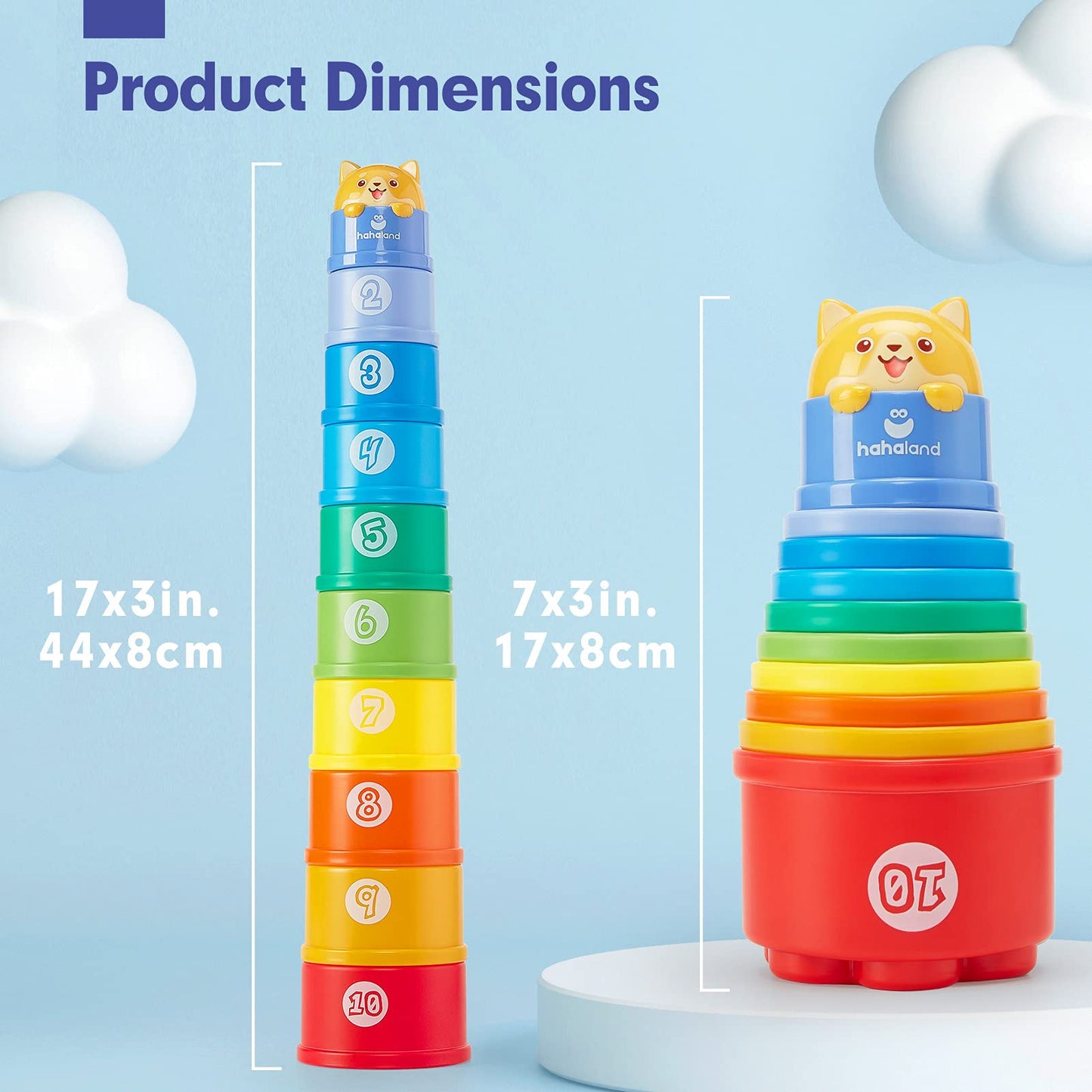 hahaland Stacking Cups for Toddlers 1-3 | 10-Piece Light & Sound Toy