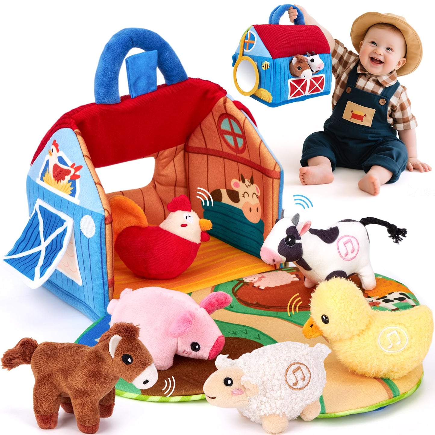 Hahaland Surprise Barn: Talking Farm Toys for 6-12 Months – Montessori Plush Animals with Real Sounds