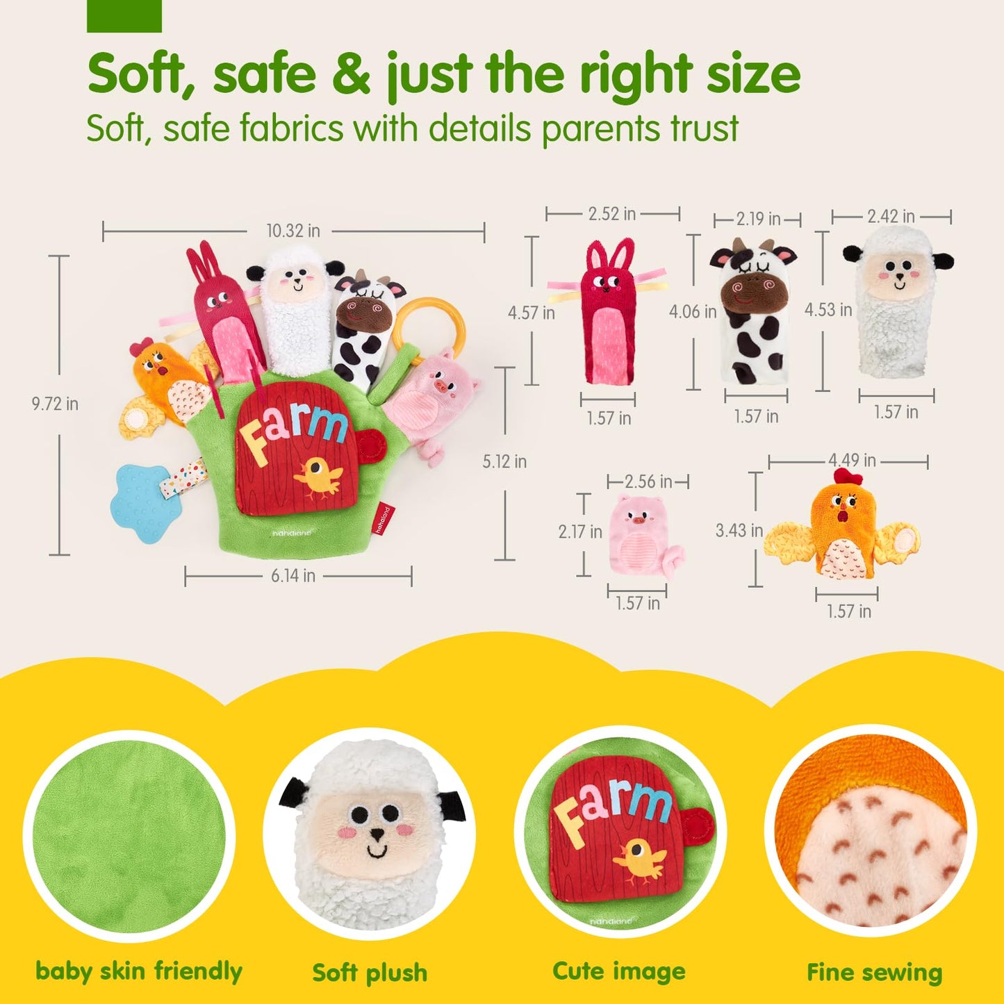 hahaland Baby Sensory Toys 6-12 Months – Montessori Farm Animal Hand Puppets with Rattle, Crinkle, Teether, Mirror