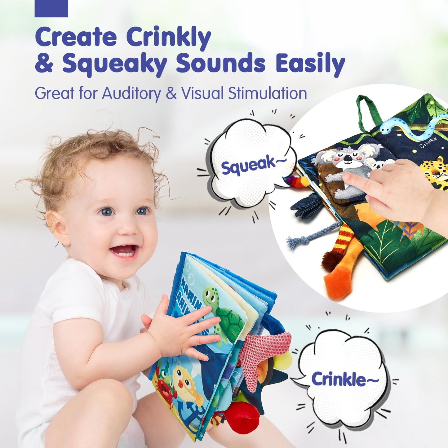 hahaland Crinkle Books 0-6 Months - 2-Pack Soft Cloth Sensory Baby Books for Tummy Time