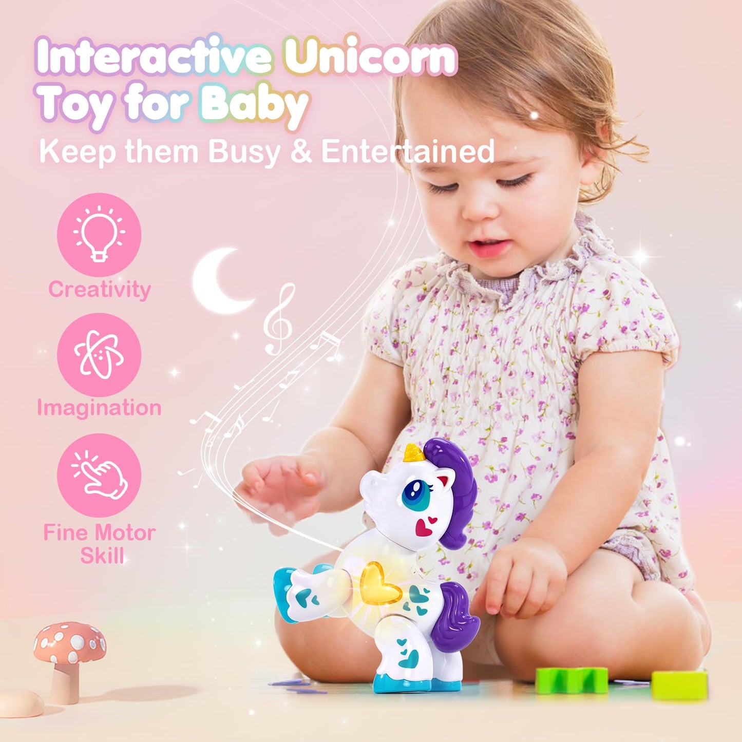 Hahaland Unicorn Musical Light-Up Toy for 1-Year-Old Girls – Safe, Moveable, Travel Buddy