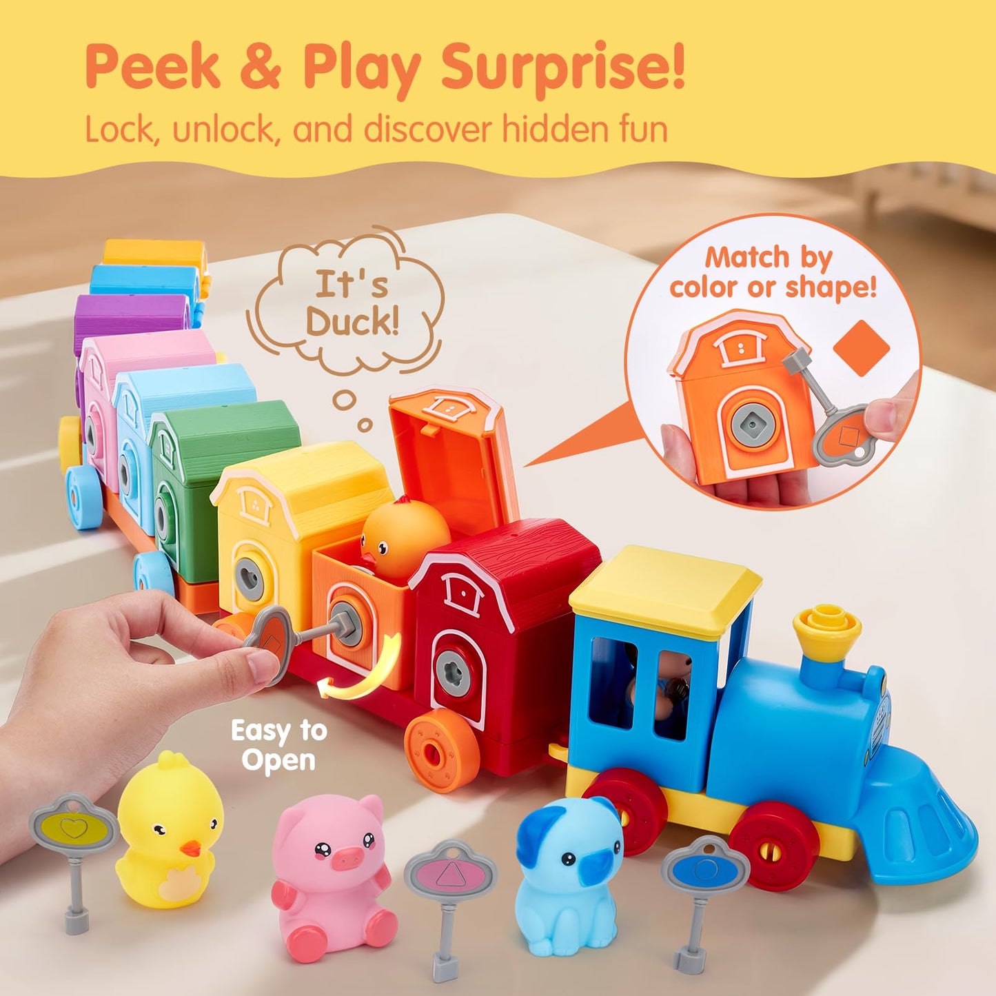 Hahaland Toddler Learning Toy Train Set – Counting, Sorting & Lock & Unlock Barns with Farm Animals