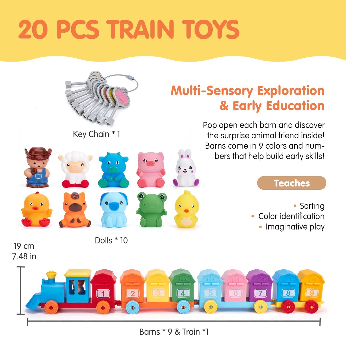 Hahaland Toddler Learning Toy Train Set – Counting, Sorting & Lock & Unlock Barns with Farm Animals