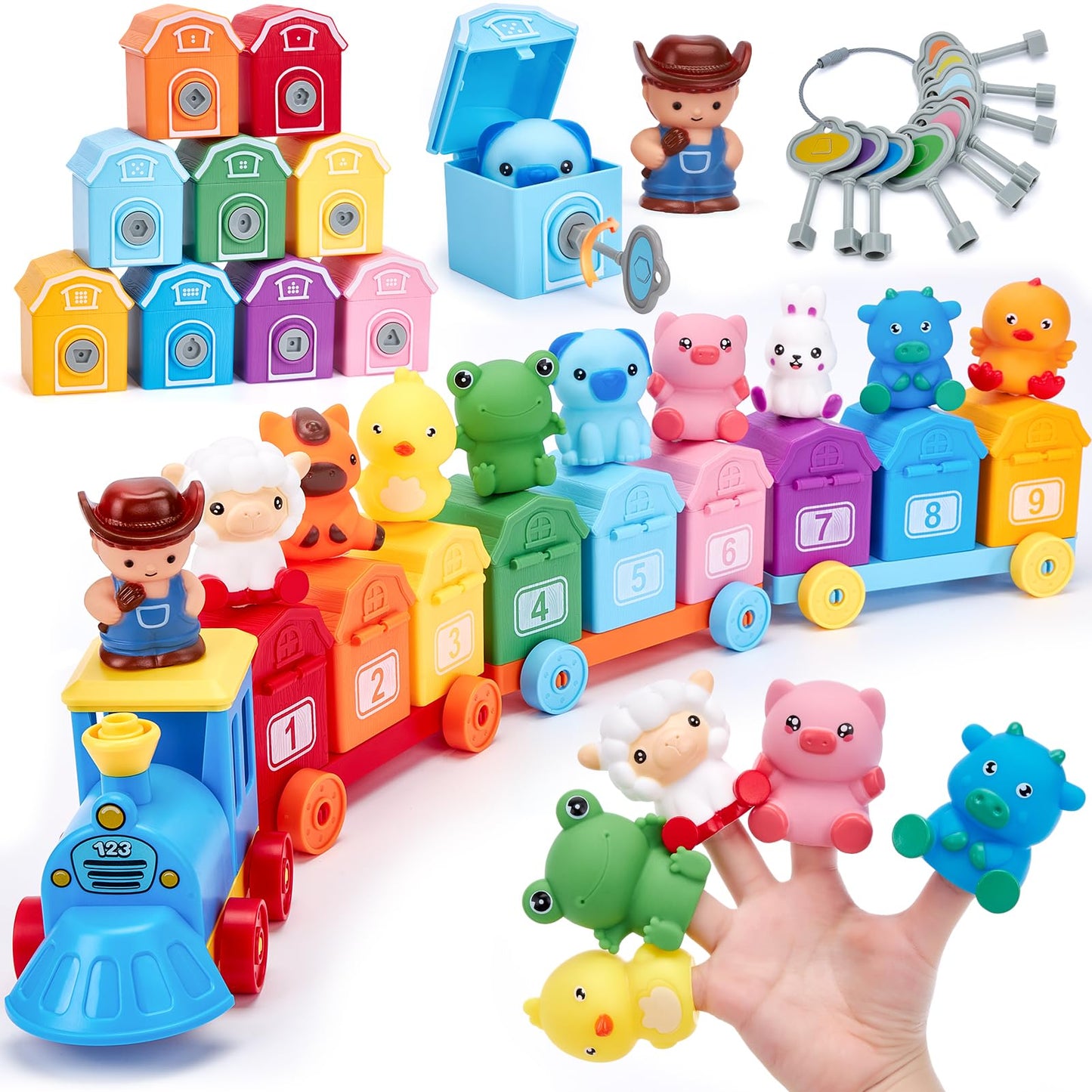Hahaland Toddler Learning Toy Train Set – Counting, Sorting & Lock & Unlock Barns with Farm Animals