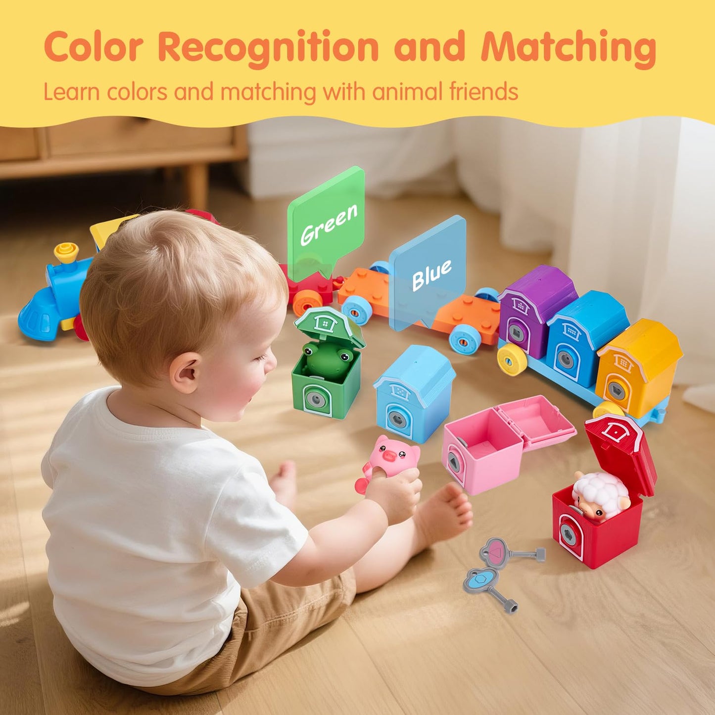 Hahaland Toddler Learning Toy Train Set – Counting, Sorting & Lock & Unlock Barns with Farm Animals