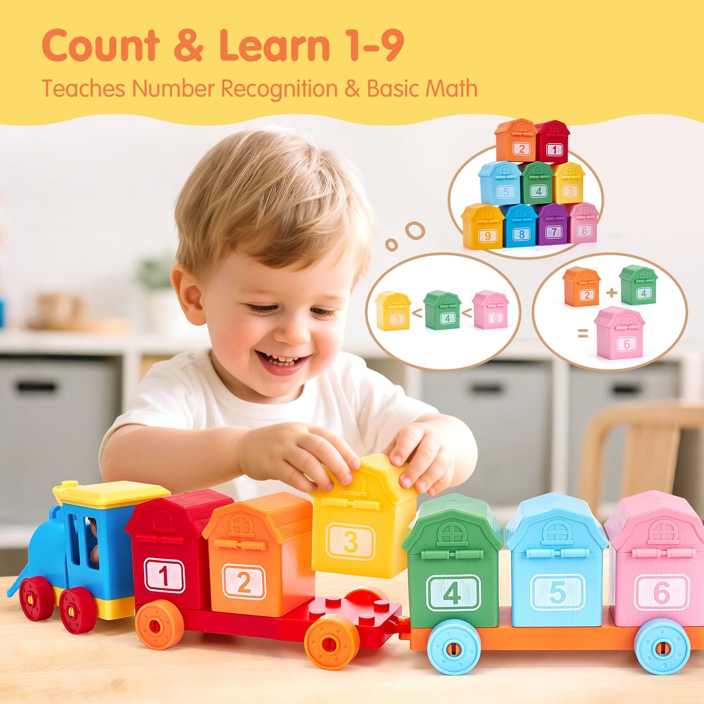 Hahaland Toddler Learning Toy Train Set – Counting, Sorting & Lock & Unlock Barns with Farm Animals
