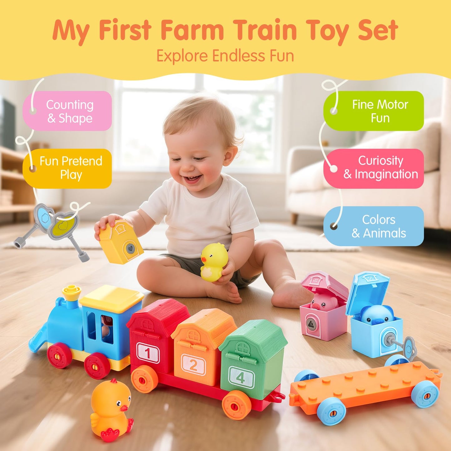 Hahaland Toddler Learning Toy Train Set – Counting, Sorting & Lock & Unlock Barns with Farm Animals