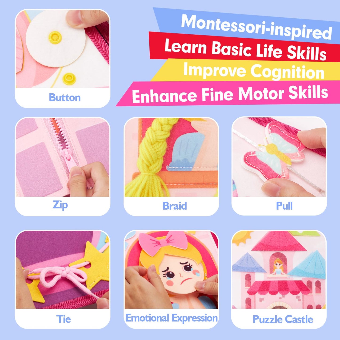 Hahaland Princess Busy Board for Toddlers 3-5 | Montessori Quiet Book & Travel Toy for Girls