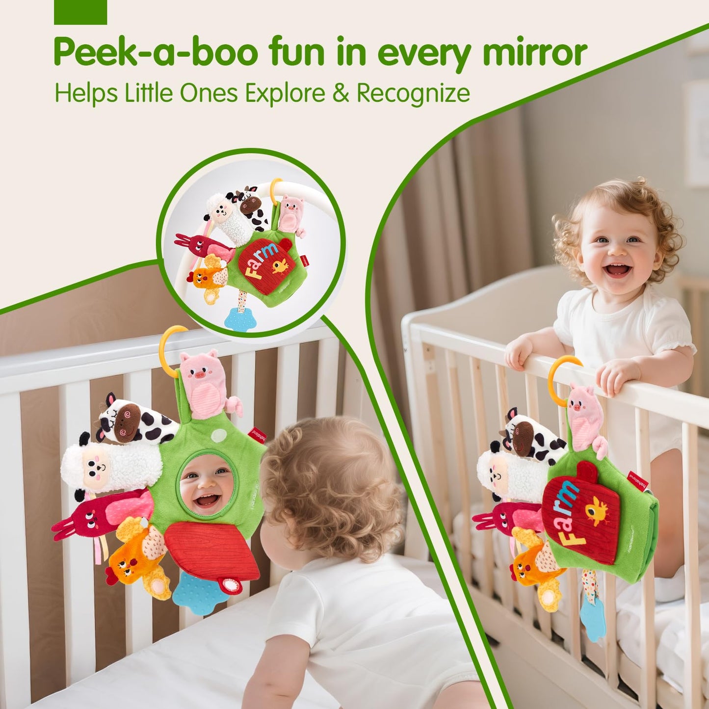 hahaland Baby Sensory Toys 6-12 Months – Montessori Farm Animal Hand Puppets with Rattle, Crinkle, Teether, Mirror