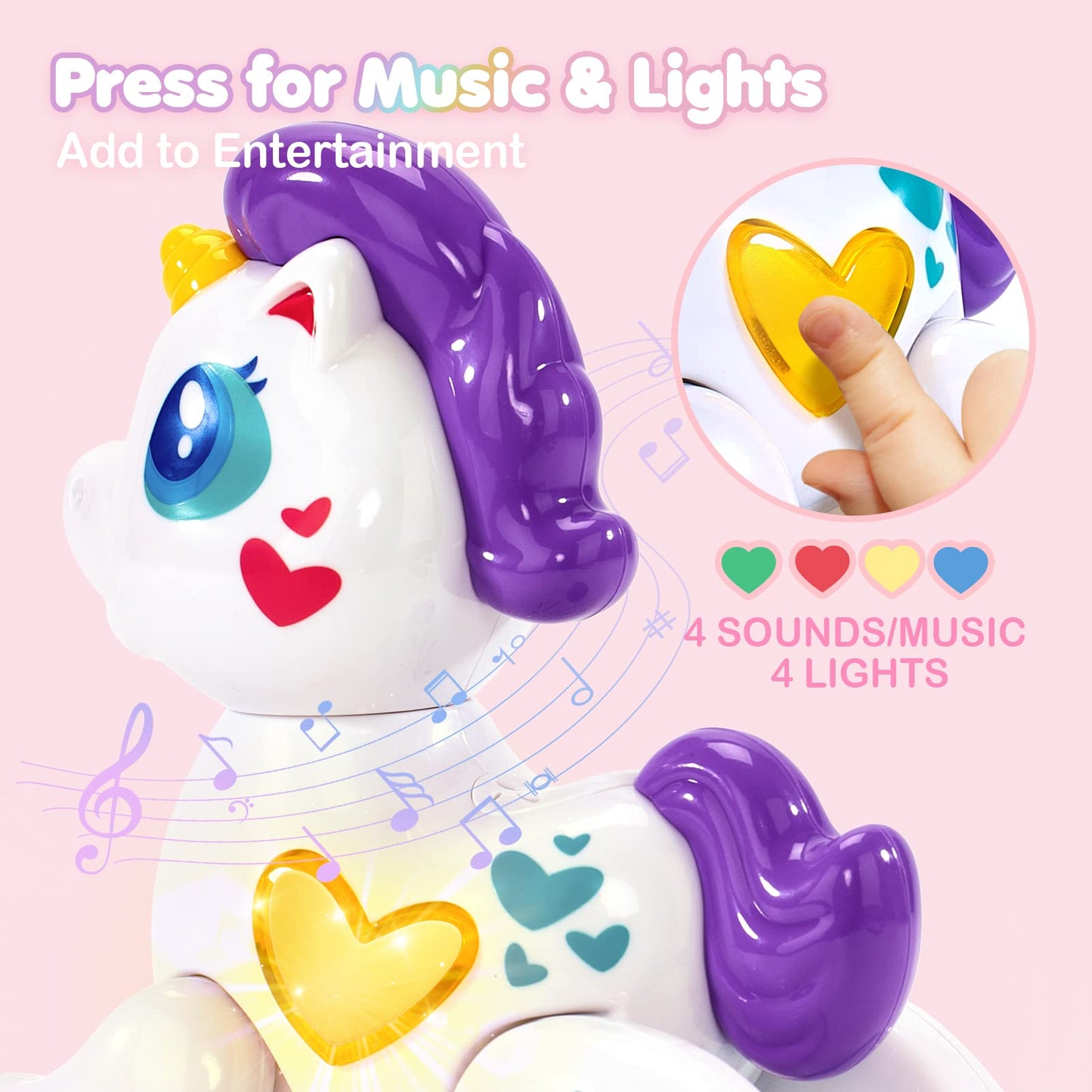Hahaland Unicorn Musical Light-Up Toy for 1-Year-Old Girls – Safe, Moveable, Travel Buddy