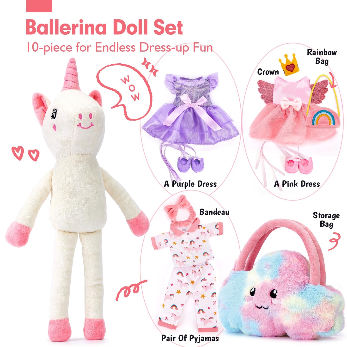 hahaland Unicorns Ballerina Doll 10-in-1 Set – Plush Dress-Up Toys for Girls Aged 4-6
