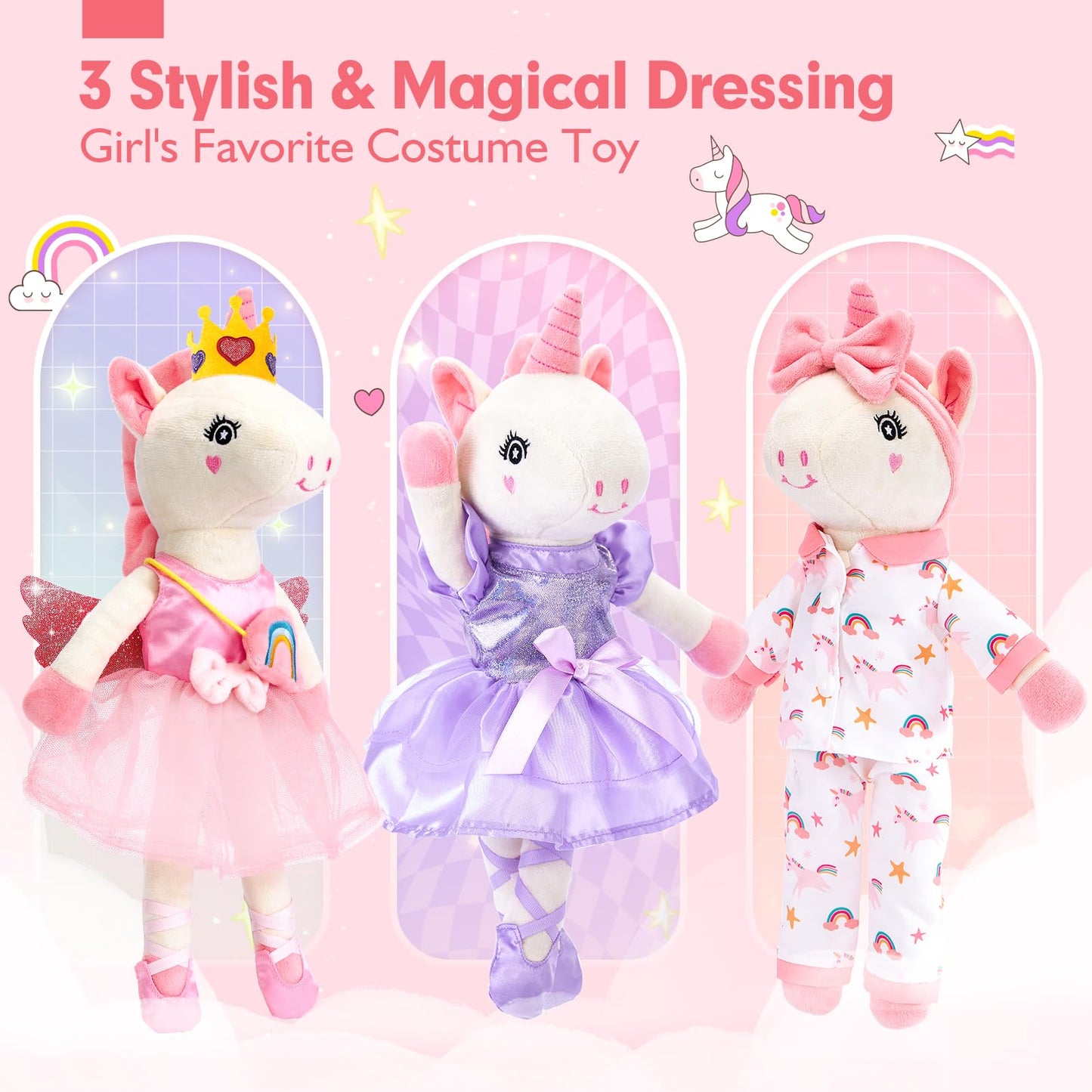 hahaland Unicorns Ballerina Doll 10-in-1 Set – Plush Dress-Up Toys for Girls Aged 4-6