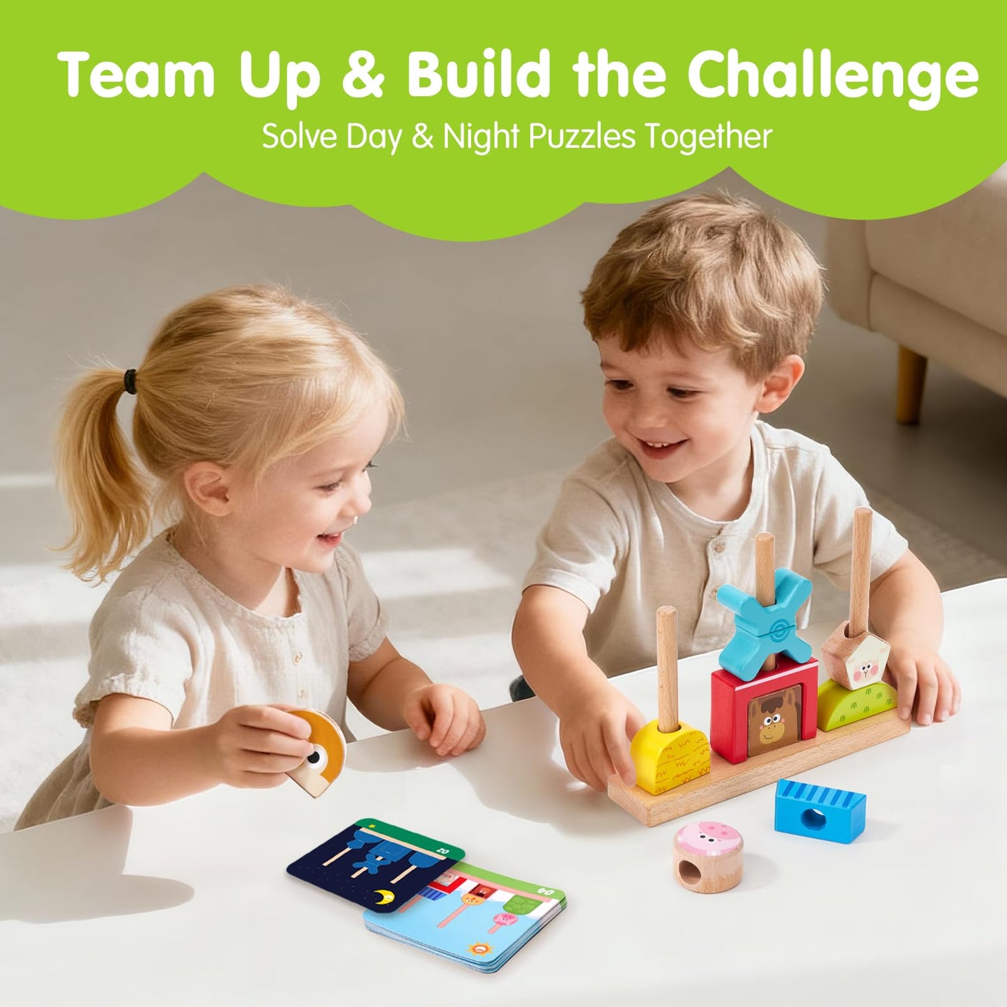 Hahaland Montessori Wooden Brain Building Block – Day & Night 24-Challenge Toddler Toy