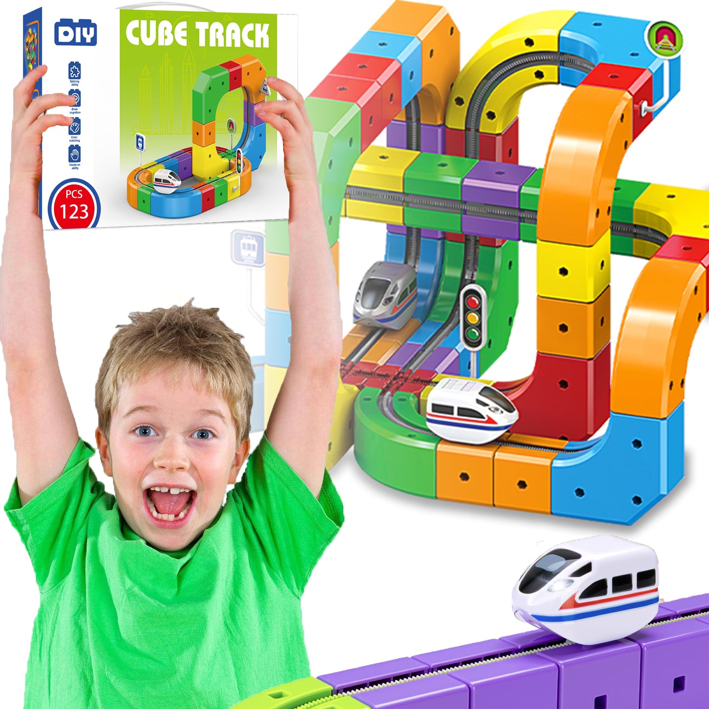 HaiiuzHi Magnetic Train Track Set - 3D Track Fusion with Motorized Train (123 PCS)