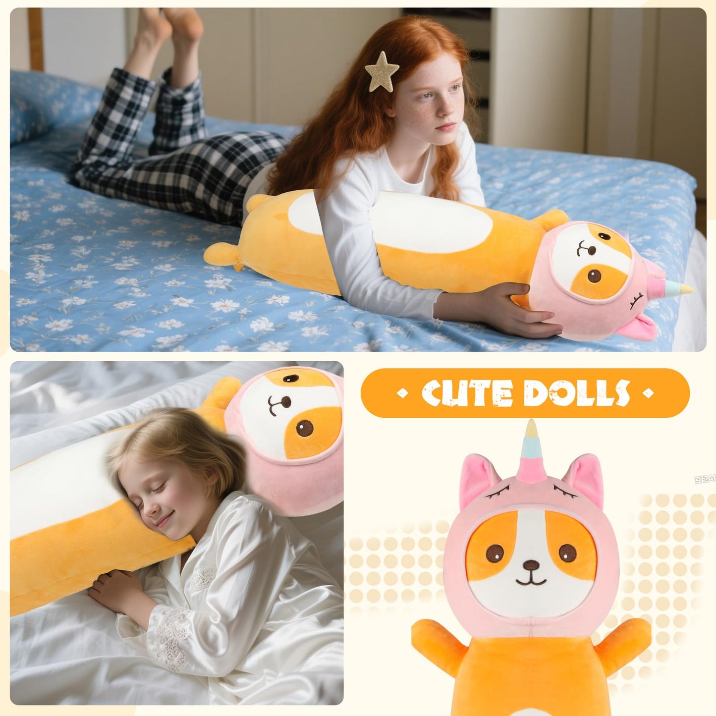 HAIJUNYA 22-Inch Kawaii Unicorn Dog Plush Pillow – Soft Long Body Pillow for Kids