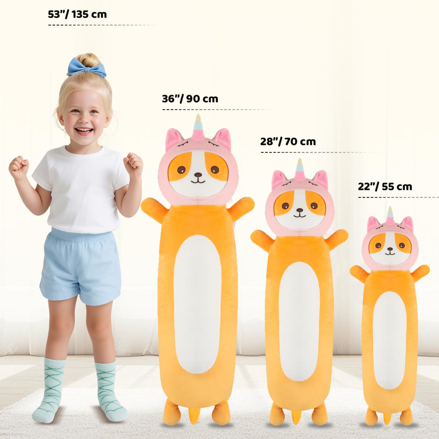 HAIJUNYA 22-Inch Kawaii Unicorn Dog Plush Pillow – Soft Long Body Pillow for Kids