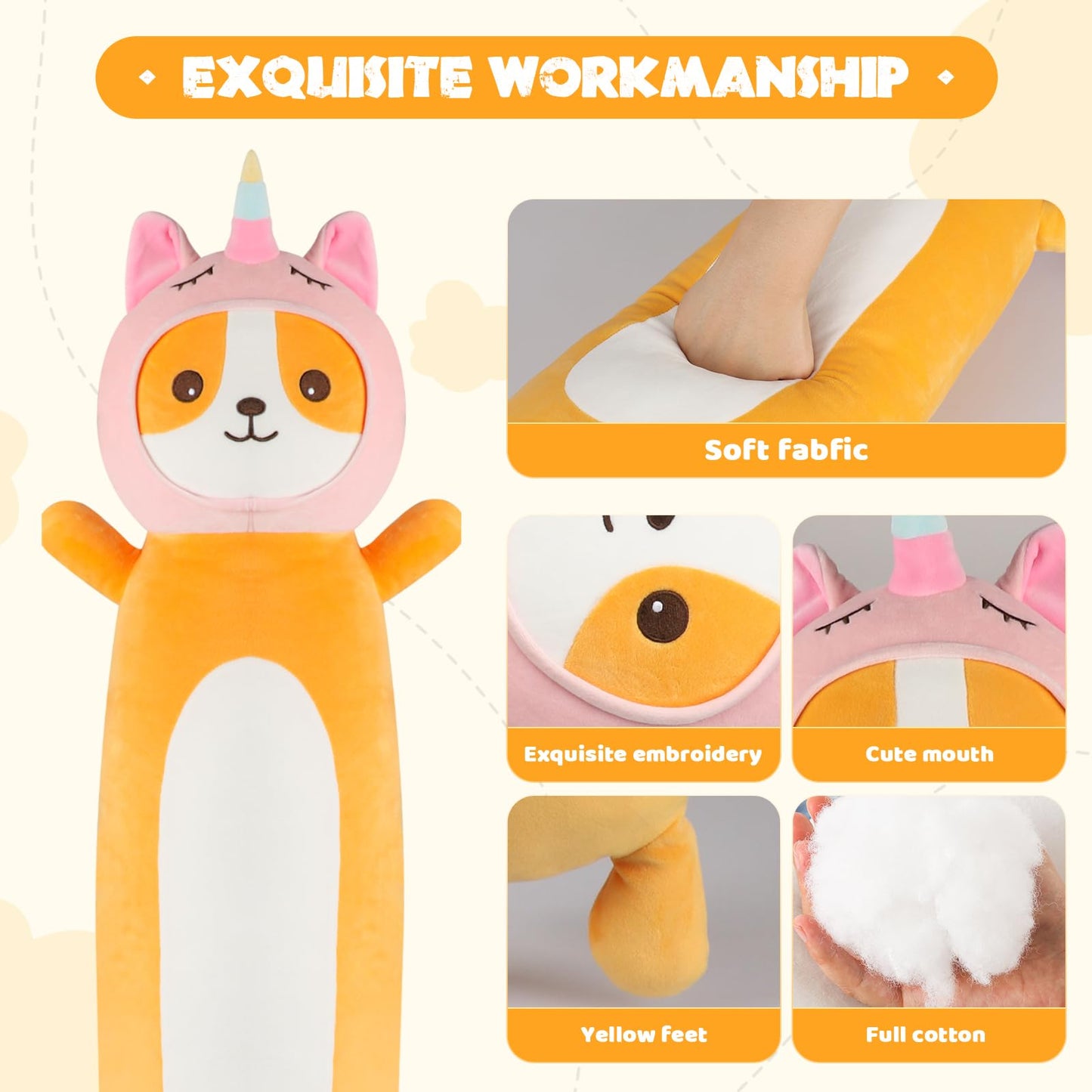 HAIJUNYA 22-Inch Kawaii Unicorn Dog Plush Pillow – Soft Long Body Pillow for Kids