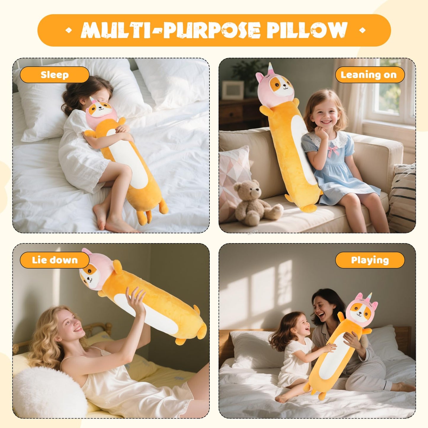 HAIJUNYA 22-Inch Kawaii Unicorn Dog Plush Pillow – Soft Long Body Pillow for Kids
