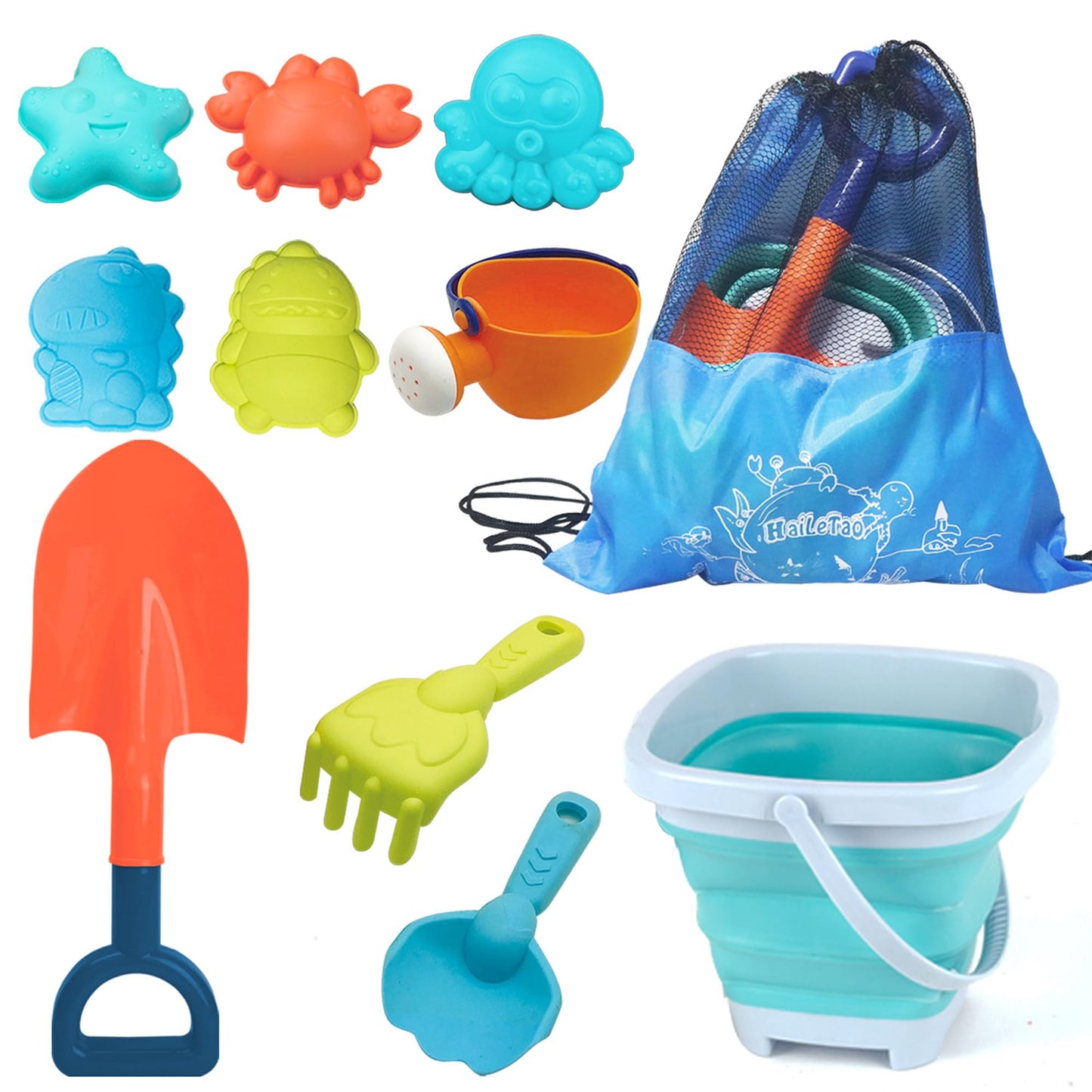 HaiLeTao Beach Toys Set for Kids – 11-Piece Collapsible Bucket, Mesh Bag & Molds