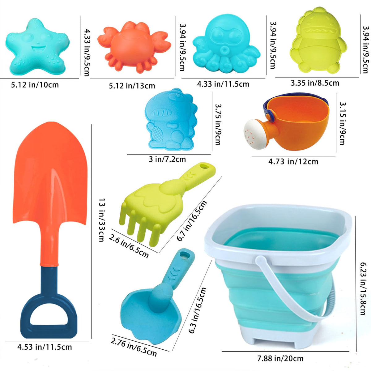 HaiLeTao Beach Toys Set for Kids – 11-Piece Collapsible Bucket, Mesh Bag & Molds