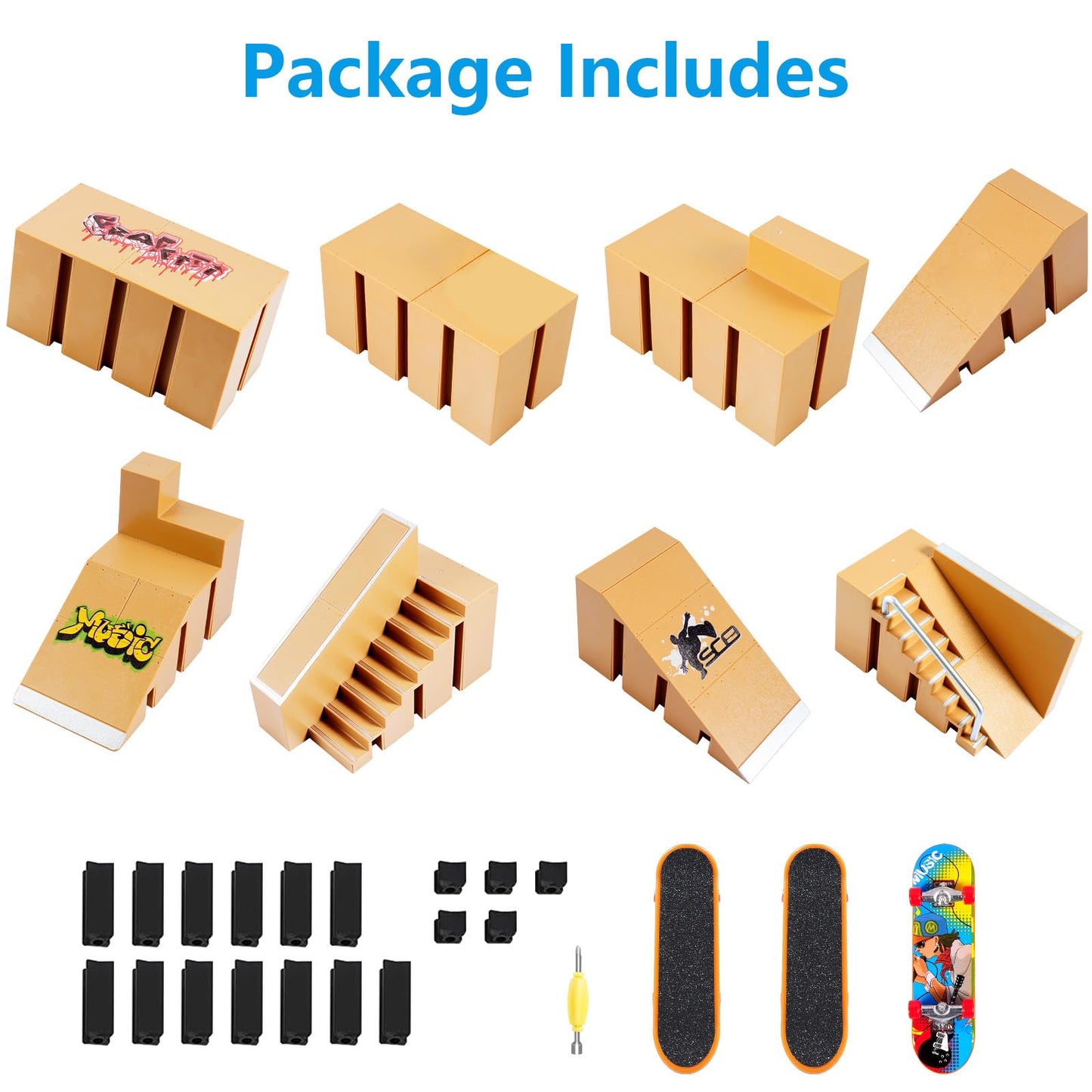 Hailey&Elijah Fingerboard Skate Park Kit – 3 Mini Boards, 8 Ramps, Gift for Kids